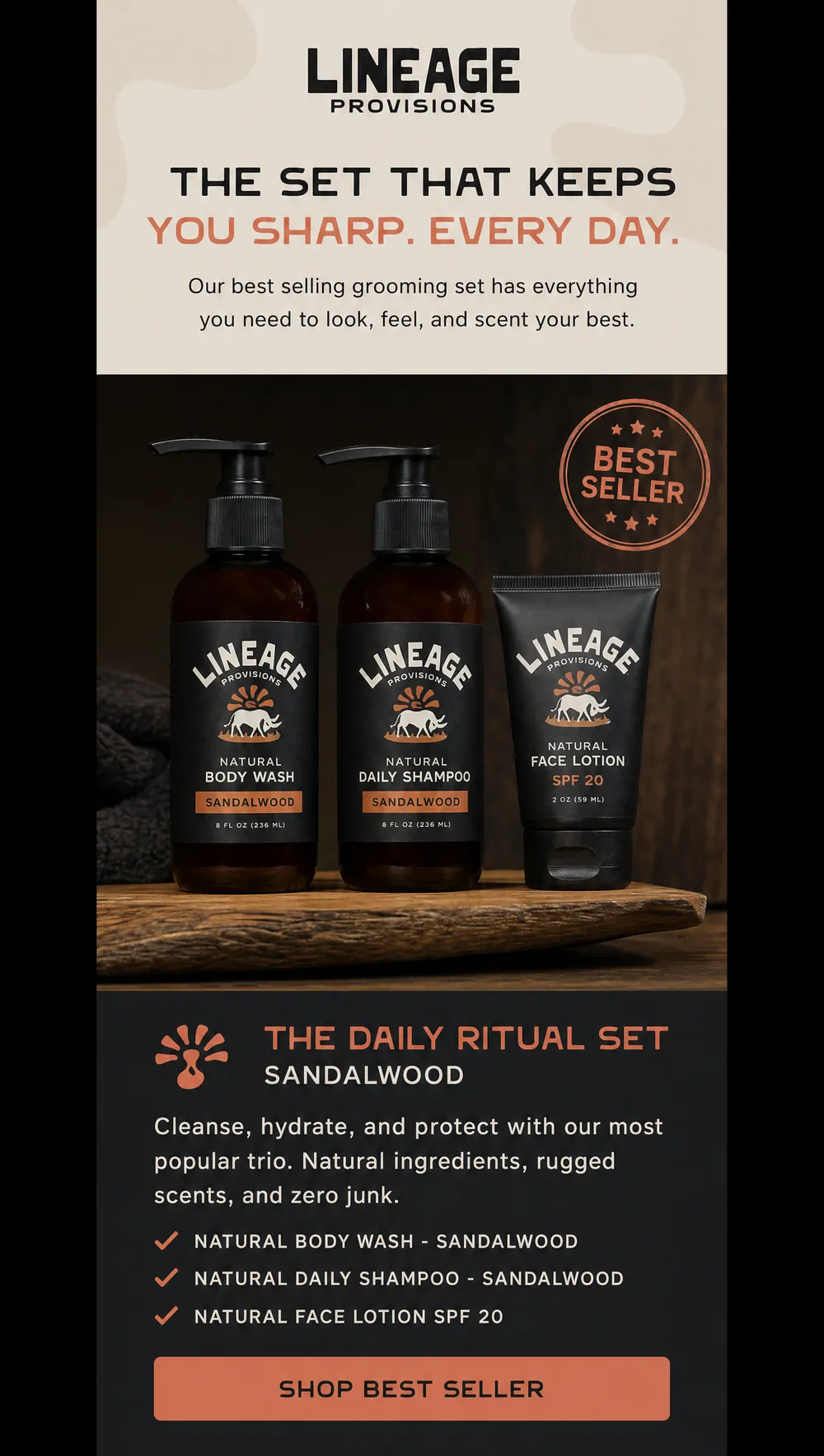 Grooming email design for Lineage Provisions - Klaviyo campaign creative