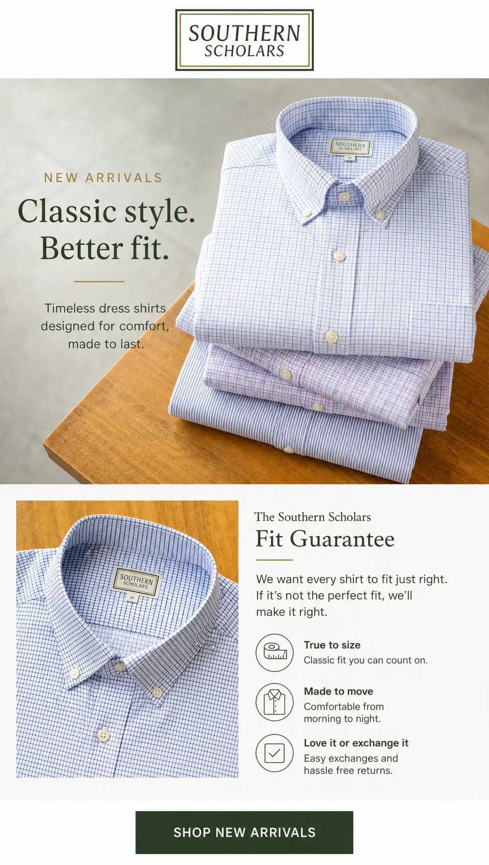 Menswear email design for Southern Scholars - Klaviyo campaign creative