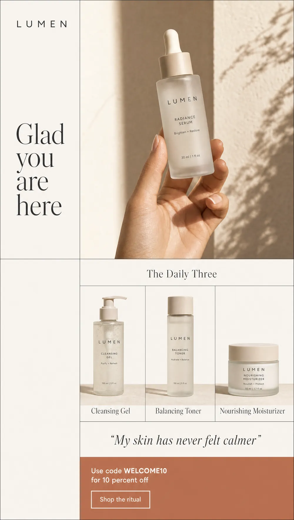 Welcome email sample design for a clean skincare brand