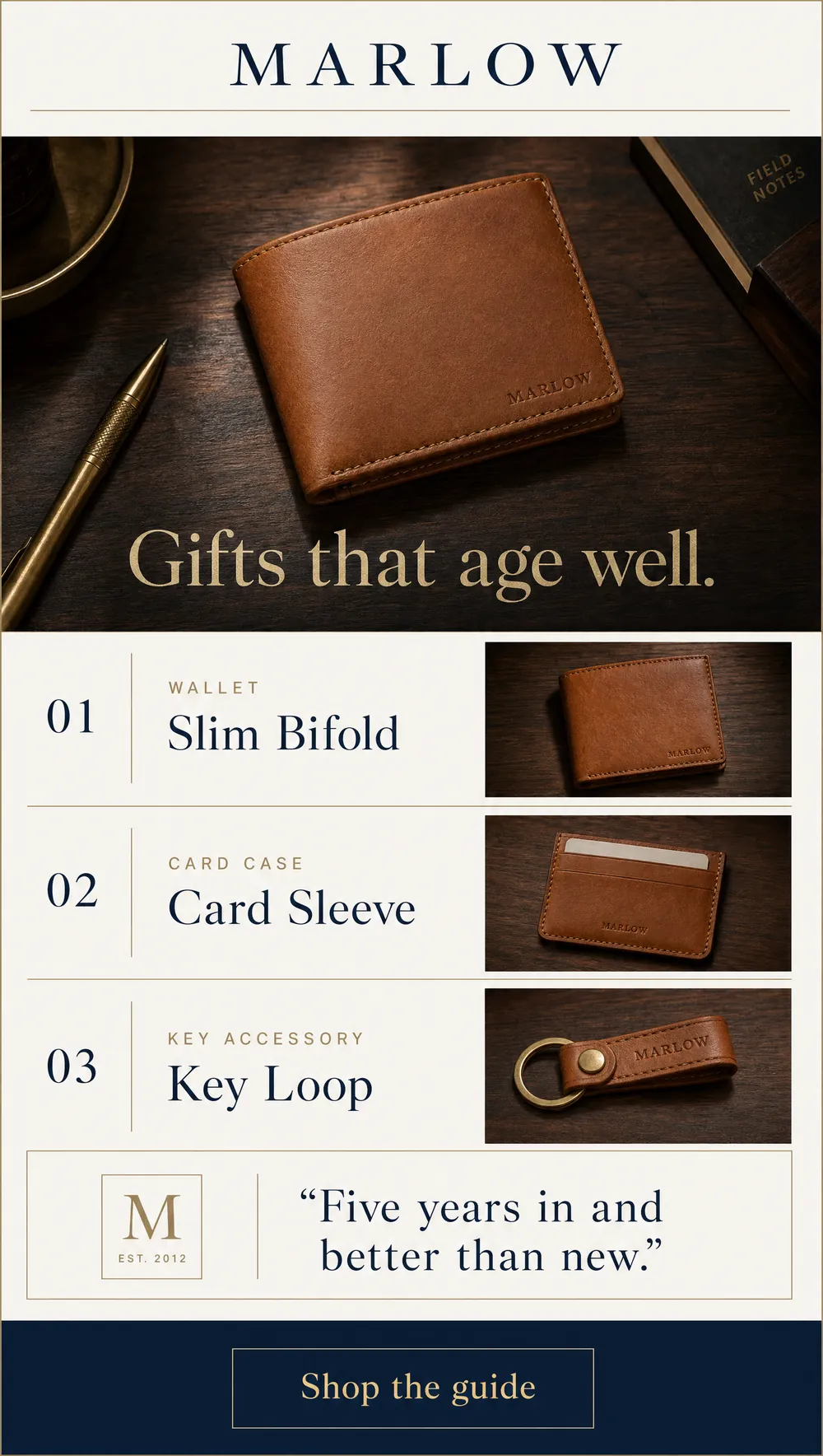 Gift guide email sample design for a leather goods brand