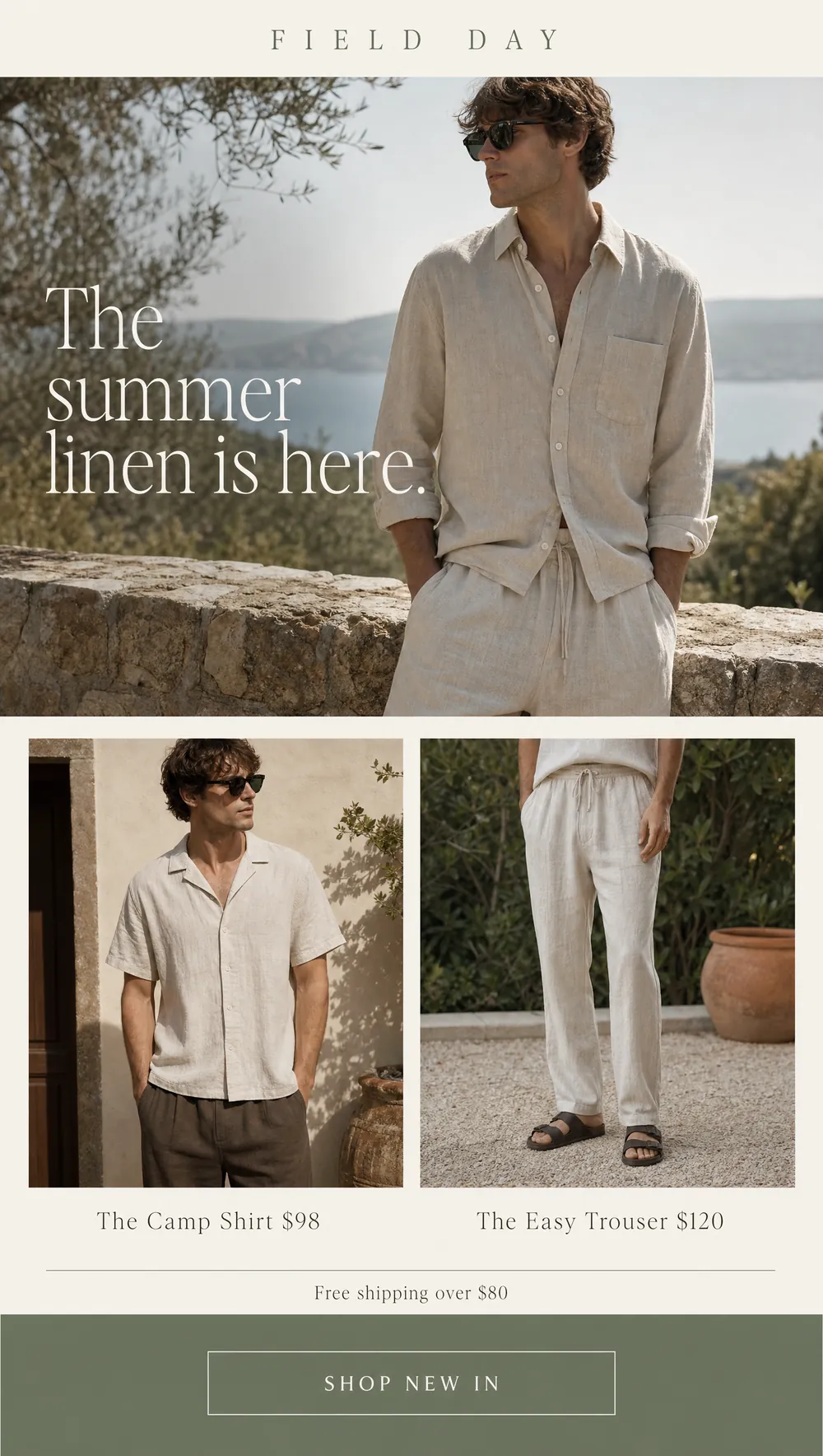 New arrivals email design for a linen apparel brand