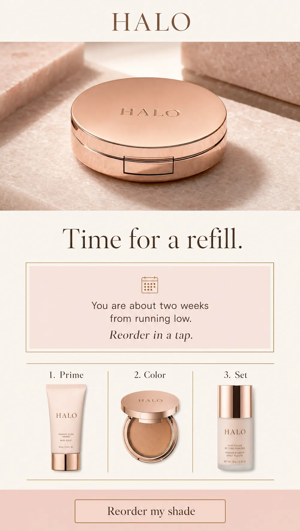 Replenishment reminder email design for a beauty brand