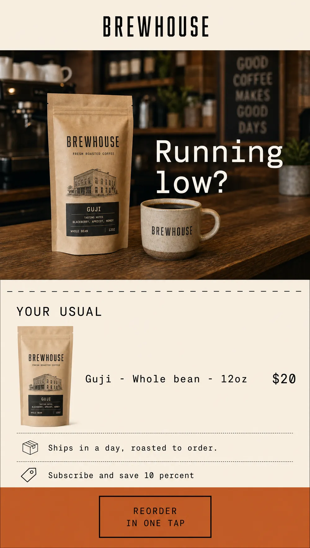 Reorder reminder email design for a specialty coffee roaster