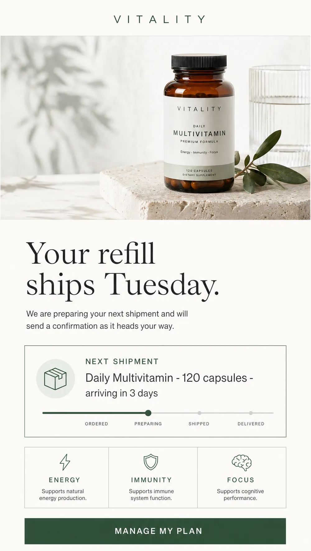 Subscription refill email design for a supplement brand